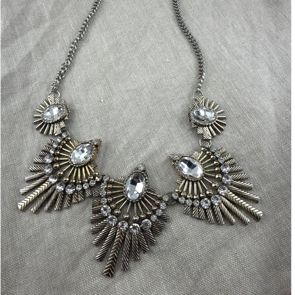 Vintage Mixed Metal Statement Necklace Silver Champagne Gold Fringe